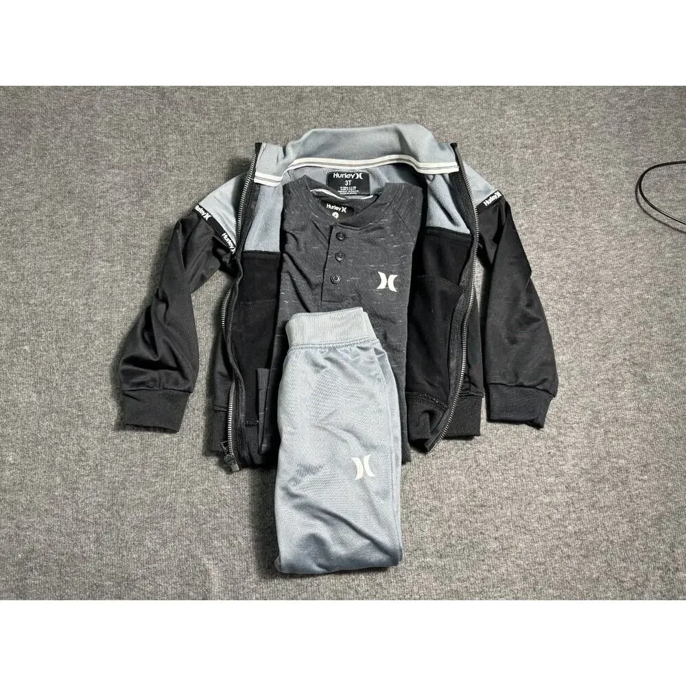 Hurley Gray & Black Colorblock 3-Piece Track Suit Joggers/Jacket/Henley 3T/4T